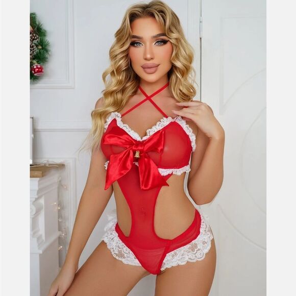 Christmas Bodysuit for Women One Piece Teddy Lingerie with Cute Bow and Bells US - Picture 6 of 9